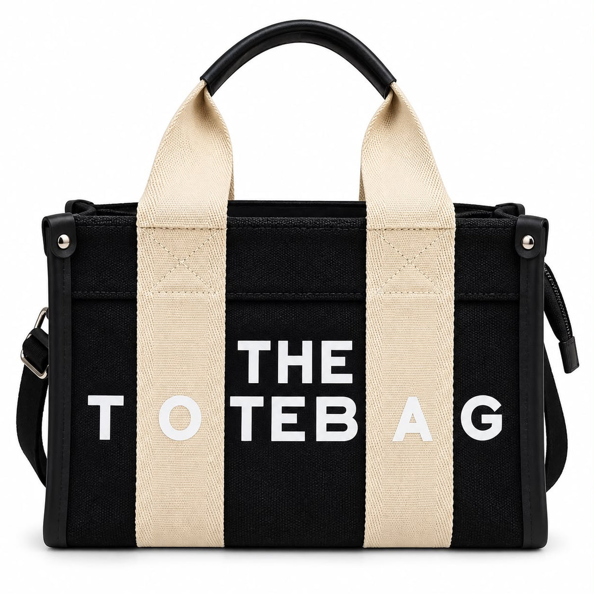 Black canvas tote with graphic text print