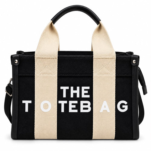 Black canvas tote with graphic text print