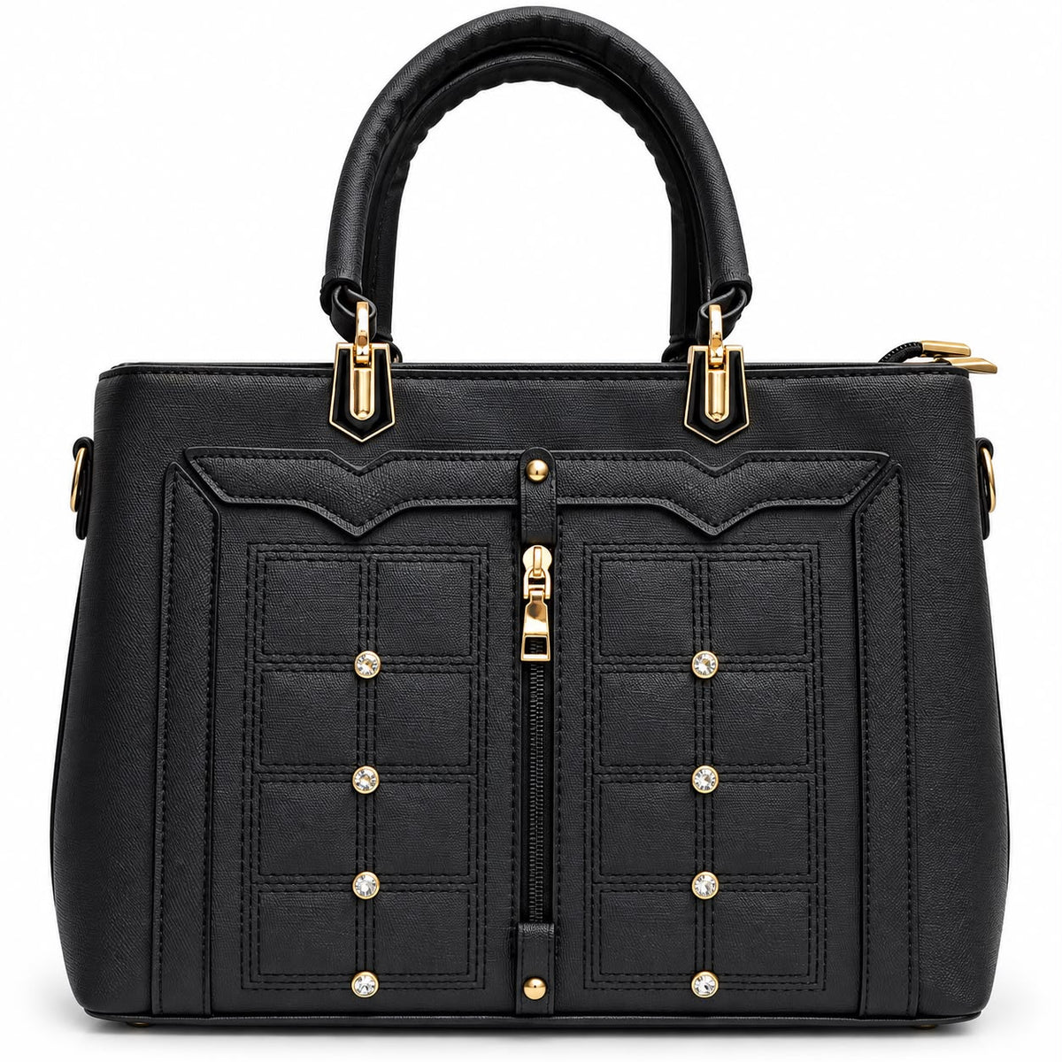 Black structured satchel with crystal studs