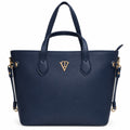 Navy leather tote with gold emblem