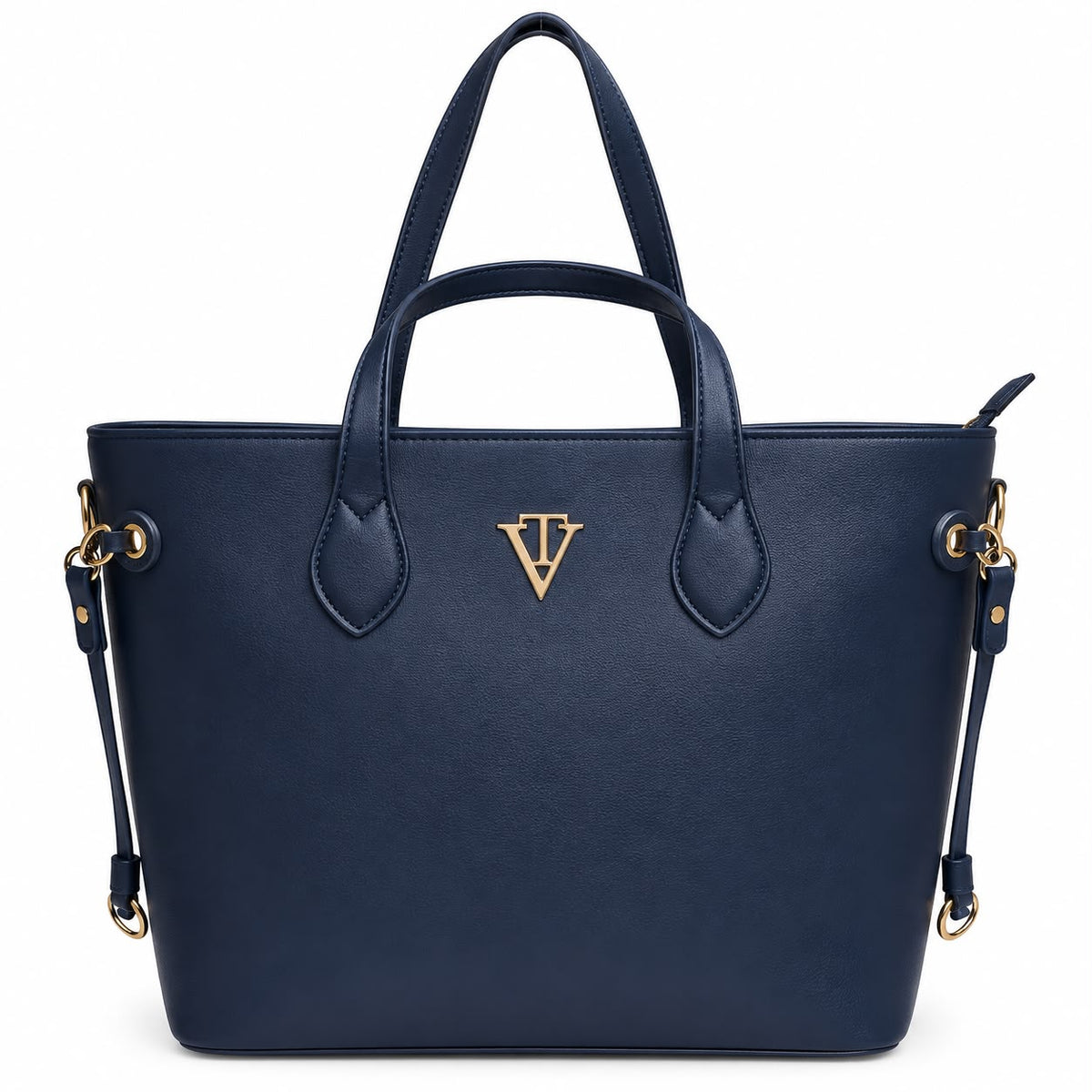 Navy leather tote with gold emblem