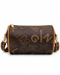 Brown cylindrical bag with graphic letter print