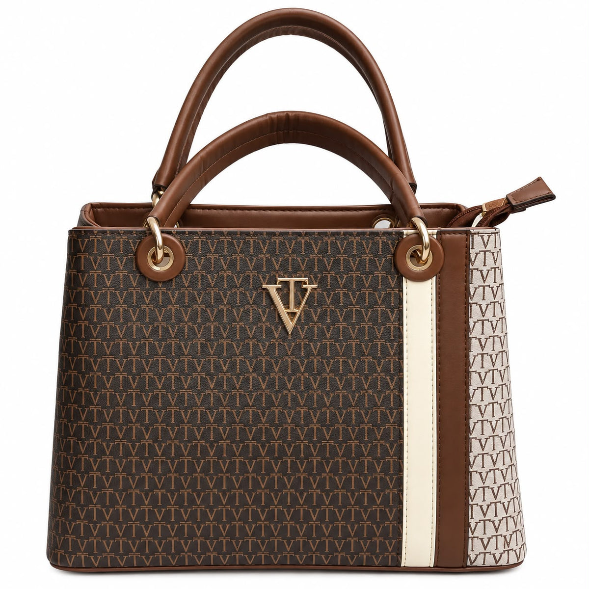 Brown monogram tote with color-split side panel