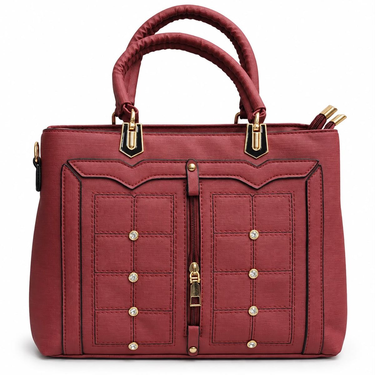 Burgundy structured satchel with crystal studs