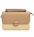 Tan woven-panel flap bag with gold hardware