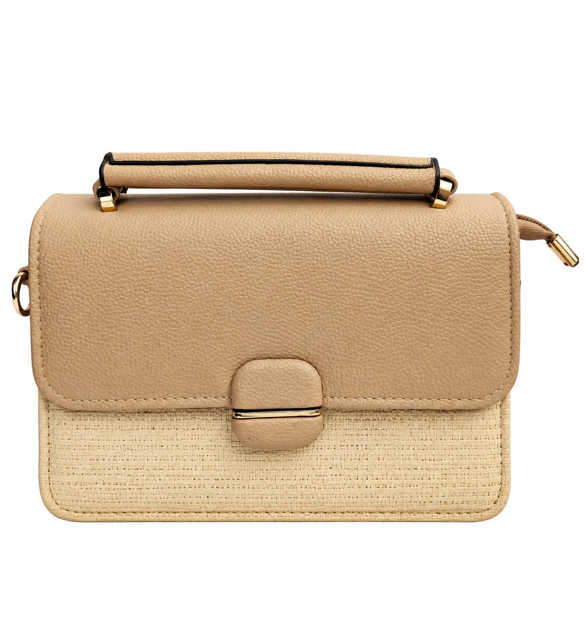 Tan woven-panel flap bag with gold hardware