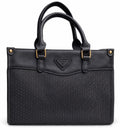 Black structured box tote with woven texture