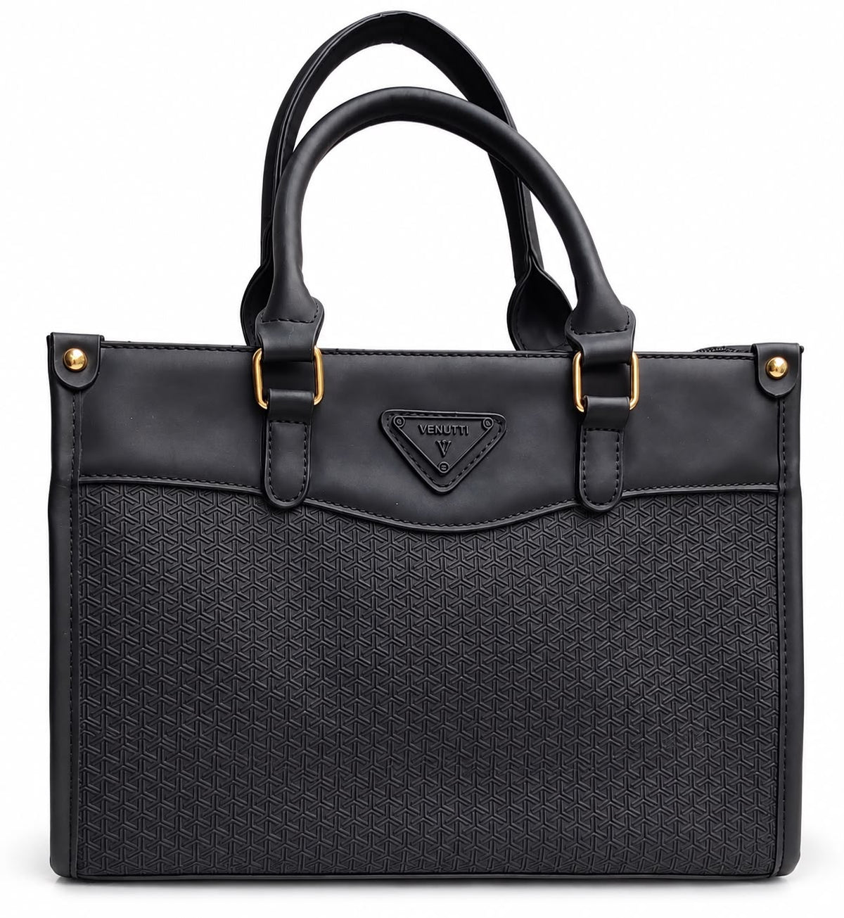 Black structured box tote with woven texture